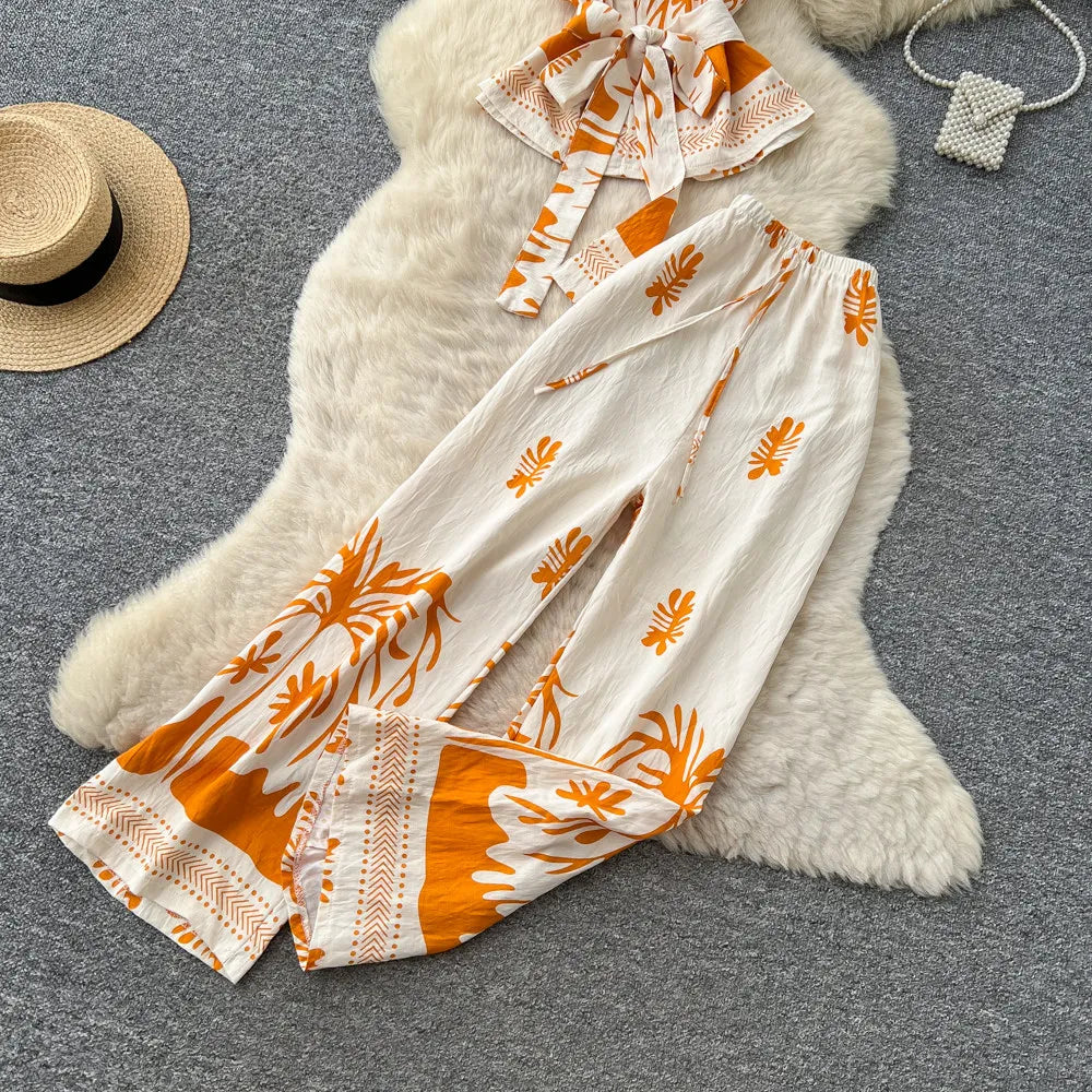 SINGREINY Boho Print Vacation Suits Summer 2026 Sleeveless Lace Up Tank Top+Loose Wide Leg Pant Chic Lazy Casual Women 2pcs Sets