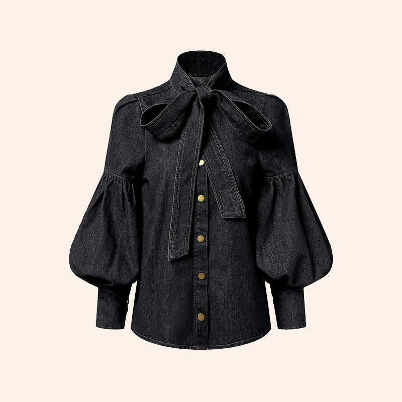 Gymystars New Trendy Imitation Denim Blouse Tops for Women Long Puff Sleeves Bow-Embellished High Neck Women's Autumn Shirts