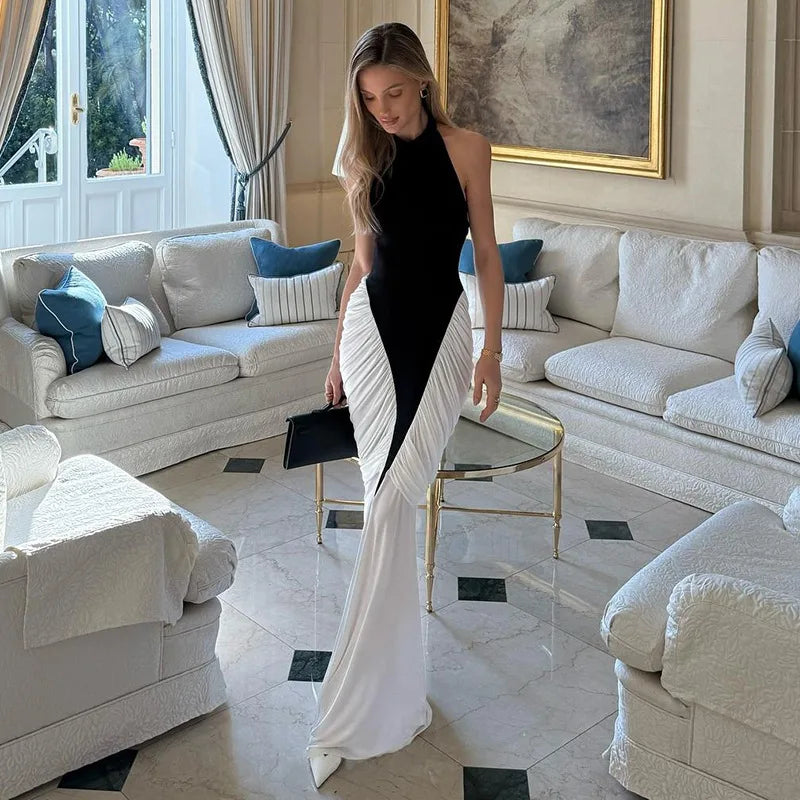 Talenza Elegant Evening Dress Women Fashion Slim Sleeveless Shrinking Clash Long Dress Vintage High Waisted Luxury Summer Dress