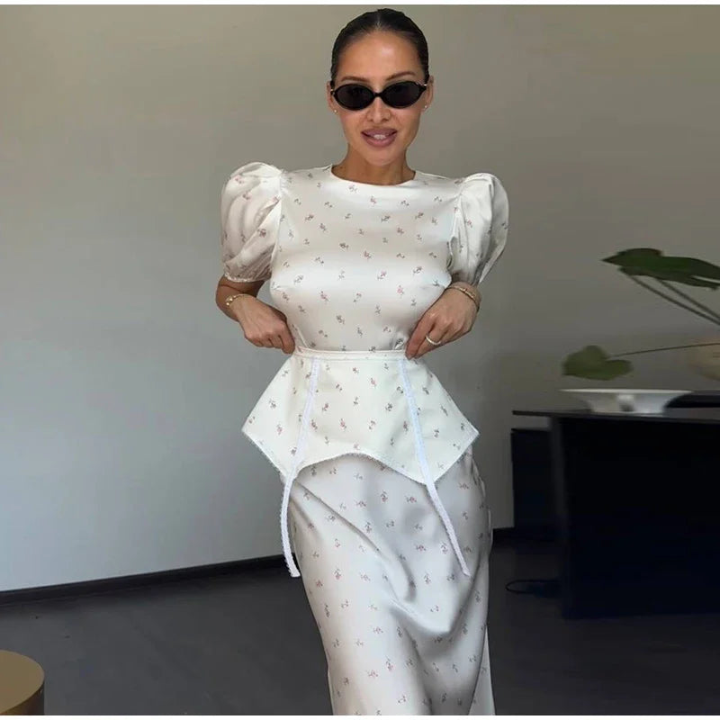 Women Floral Print Short Sleeve Maxi Dress Fashion V-neck Ruffle Trim Belted Slit Hem Dresses Casual Lady Daily Vacation Gowns