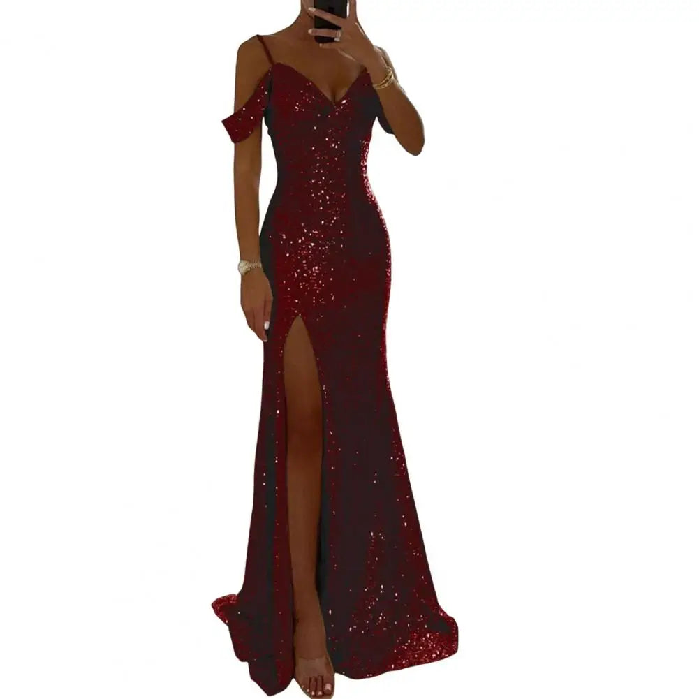Women Sequin Suspender Dress Off Shoulder V Neck Side Slit Evening Dress Floor Length Sequin Ball Gown Banquet Maxi Dress 80%