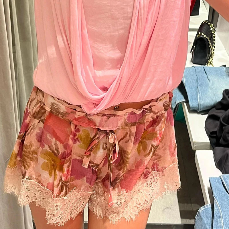 Fashion Women's Velvet Lace Patchwork Shorts Loose Hollow Out Elastic Waist Short Pant 2026 Summer Lady Casual All-match Pants