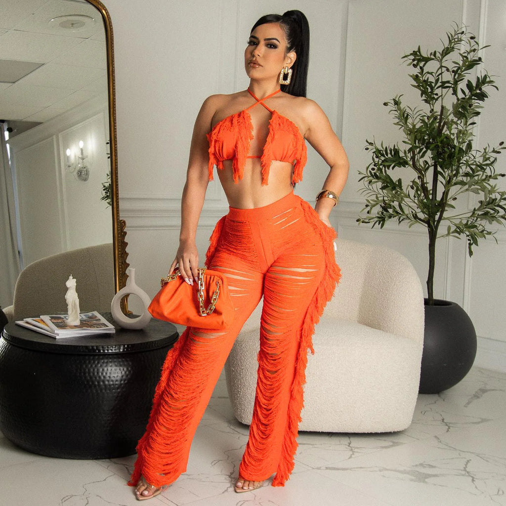 Sexy Women 2025 Knitted Set Two Piece Set Halter Backless Bra Crop Top Pants Crocheted 2 Pieces Set Hollow Out Crochet Beach Set