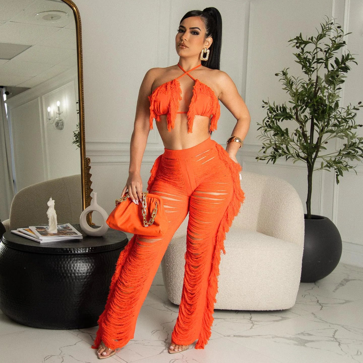 Sexy Women 2025 Knitted Set Two Piece Set Halter Backless Bra Crop Top Pants Crocheted 2 Pieces Set Hollow Out Crochet Beach Set