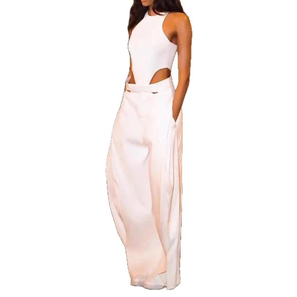 2025 Elegant White Jumpsuit Round Neck Sleeveless Hollow Irregular Slim High Waist Wide Leg Rompers High Street Women's Clothing