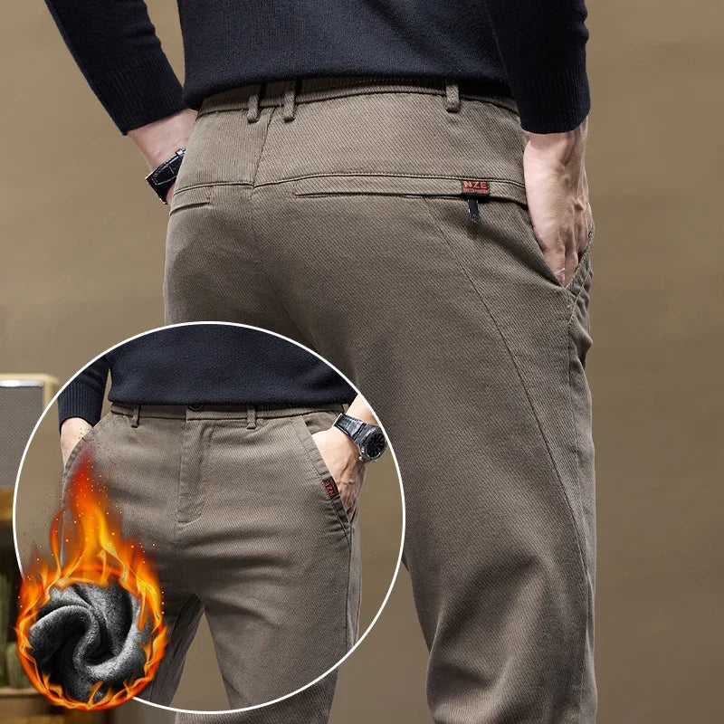 Korean Fashion Fleece Men's Casual Pants Slim Straight Youth Warm Trousers Thickened Thermal Stretch Male Clothes Trendy Brand