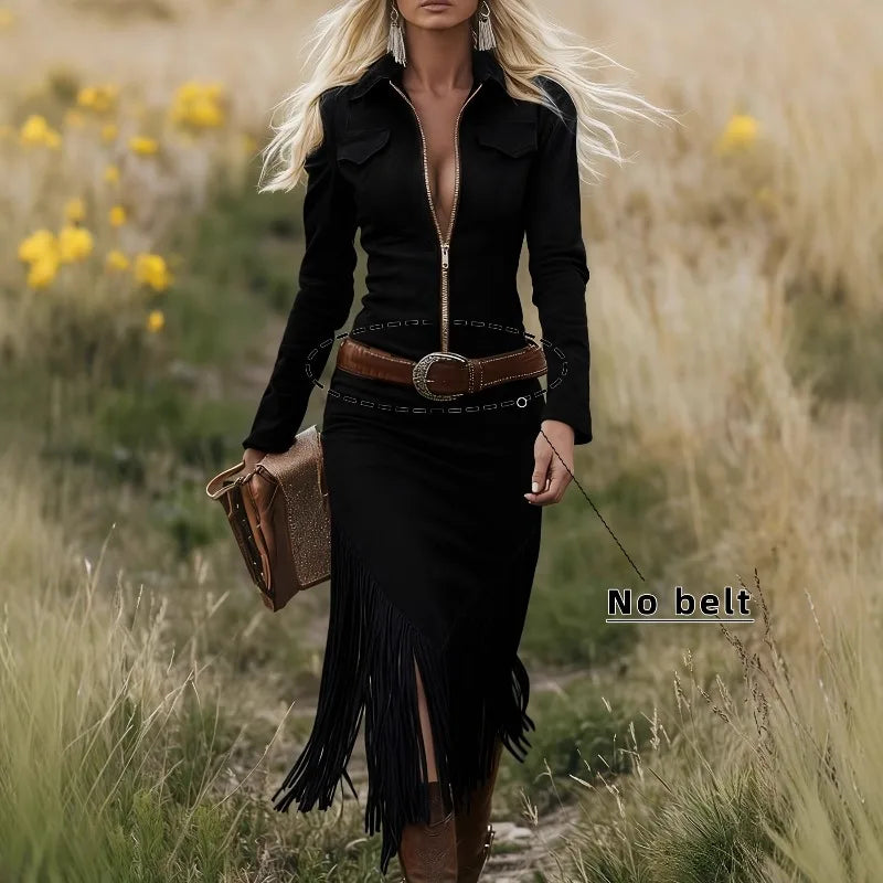 Denim Suede Fringed Slim Fitting Western Long Sleeved Dress
