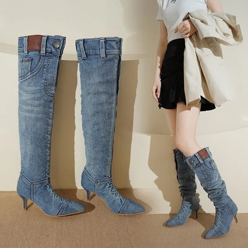 Denim Long Boots Women Knee Boots New 2025 Autumn Winter High Heels Retro Western Hot Girl Cowboy Boots Lady Modern Boot Botas