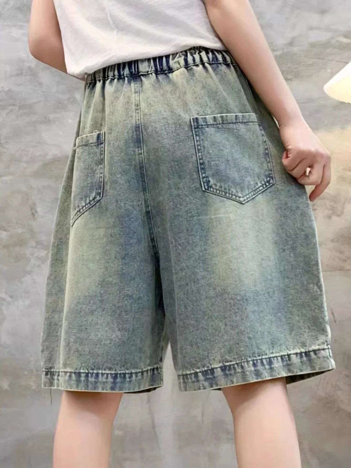 Retro Distressed Embroidered Denim Shorts Women's Loose Wide Leg Pants High Waist Blue Thin Summer New Style Fashionable
