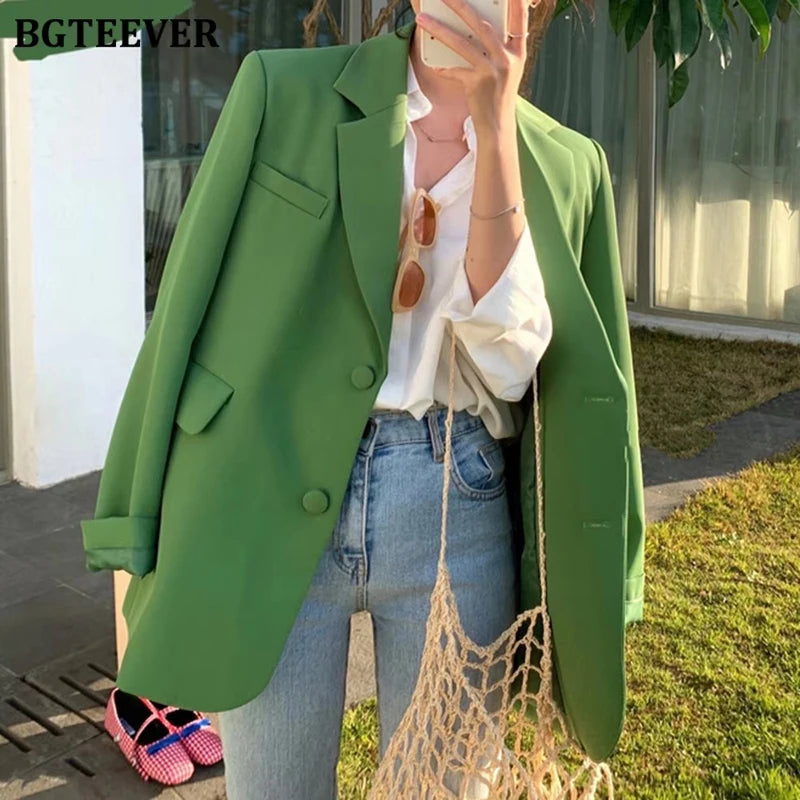 BGTEEVER Casual Loose Lapel Ladies Suit Jackets Full Sleeve Single-breasted Solid Female Blazer Tops Spring Women Outwear