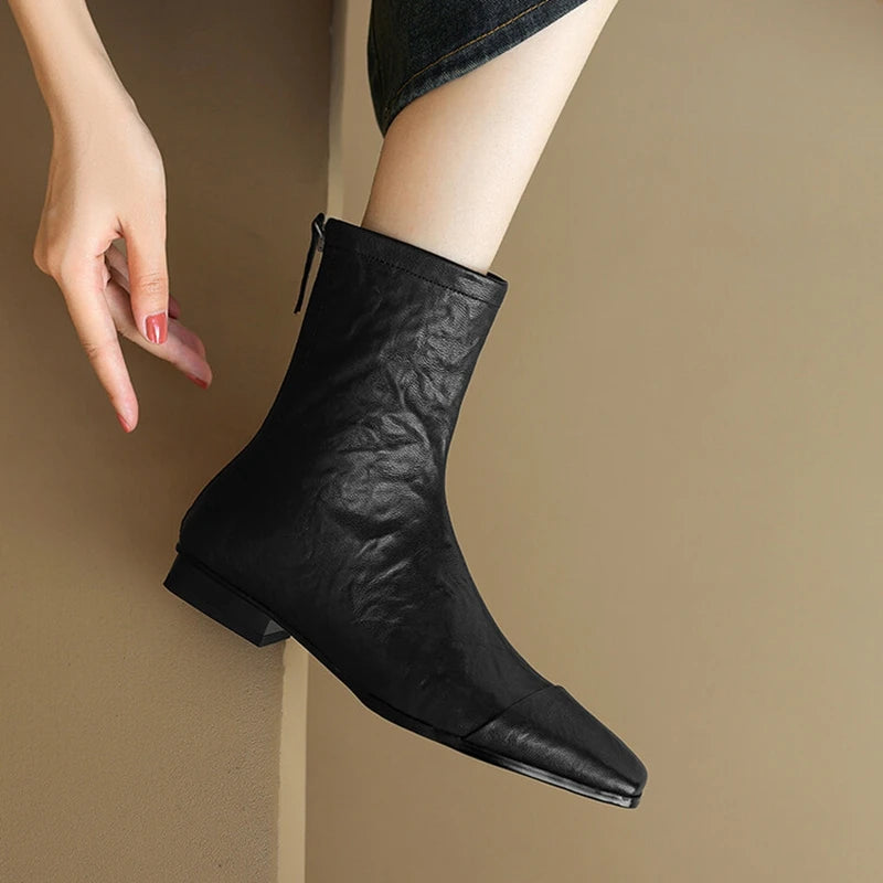 NEW Autumn/Winter Women Boots Square Toe Low Heel Shoes Genuine Leather Shoes for Women Concise Zipper Short Boots Modern Boots