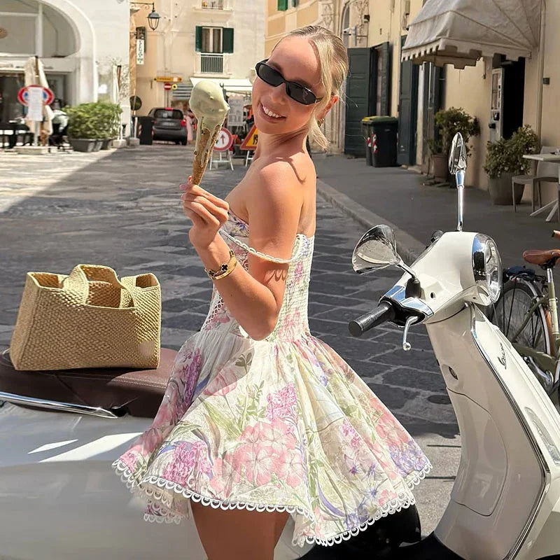 Women's Printed Dress V-neck Lace Hollow Out A-line Spaghetti Strap Pleated Lady Dresses 2026 Summer Chic Female Sexy Party Robe