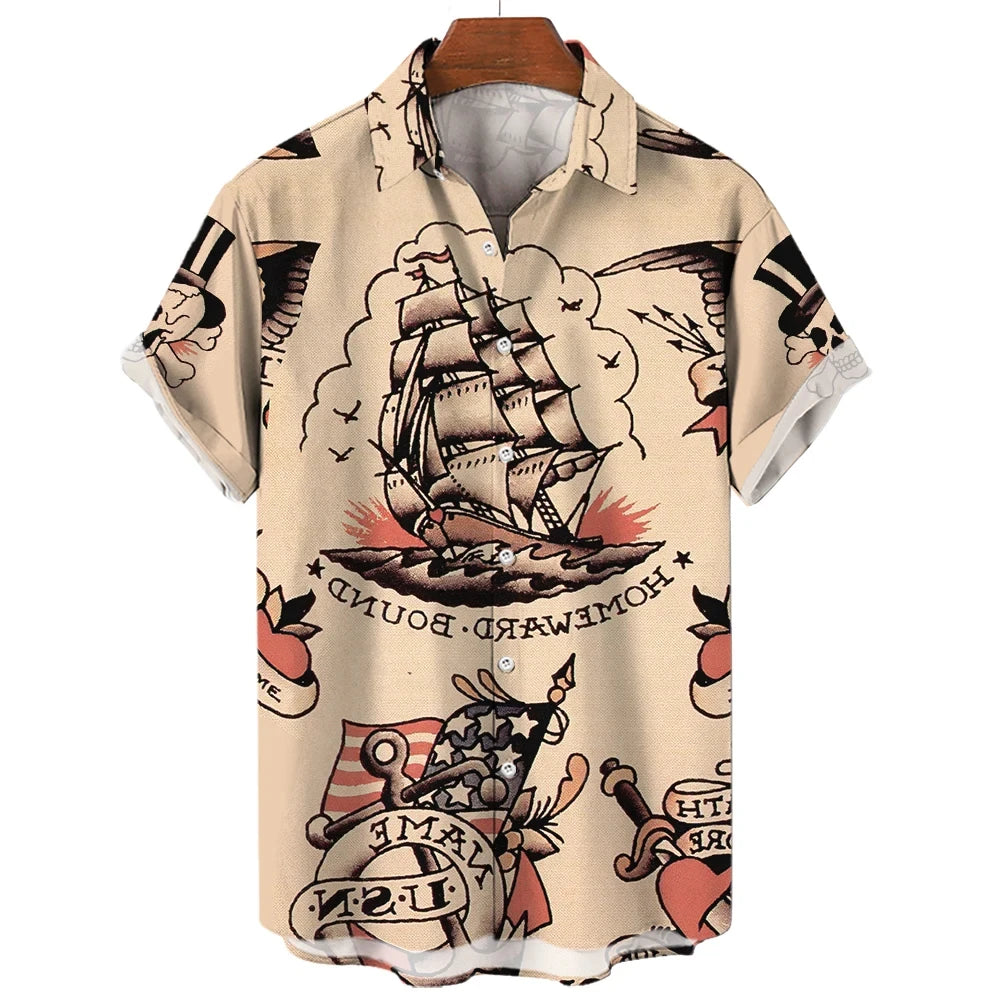 3D retro digital printed men's lapel short sleeved shirt
