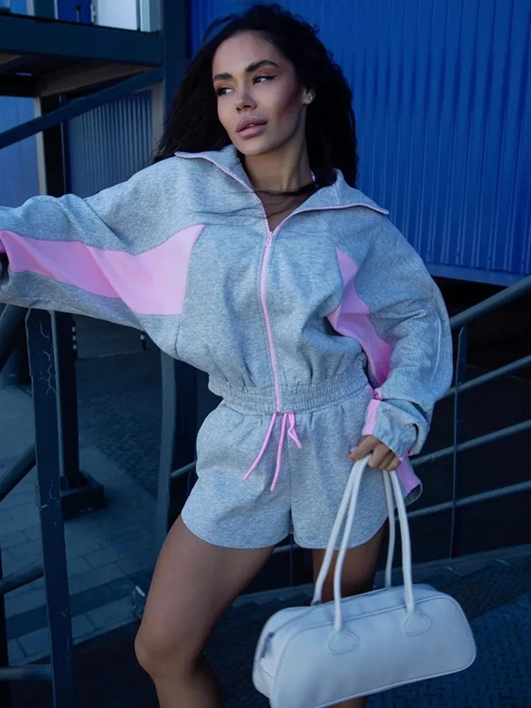 Lady'snavy Chevron Stripe Windbreaker Tracksuit Zip Cropped Jacket Contrast Trim Shorts 2026 Casual Sport Daily Jogging Street