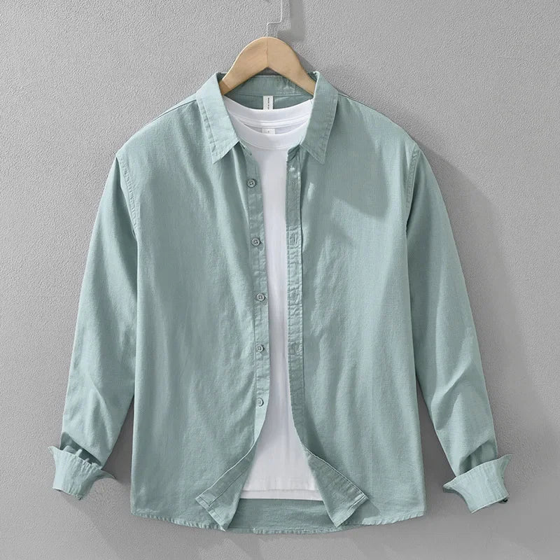 7369 Cotton Linen White Shirt for Men Good Quality Solid Color Simple Basic Long Sleeve Loose Casual Lapel Blouse Breathable Top