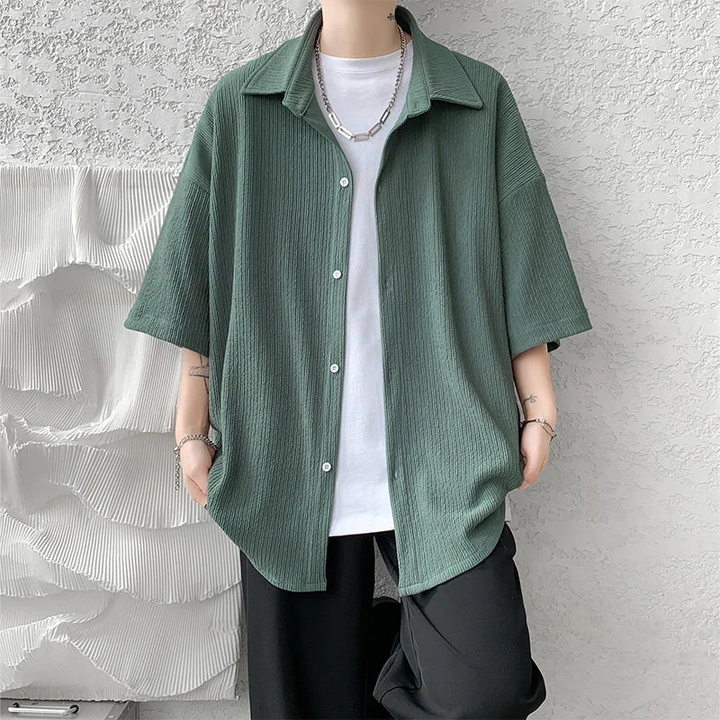 LEGIBLE Spring Summer Solid Shirts Men Casual Oversized Three Quarter Shirts Male Loose Fit Shirt for Man