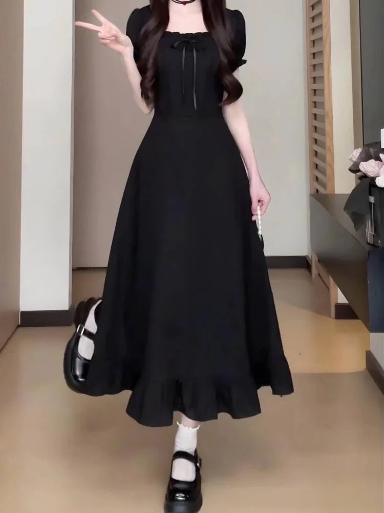 Sweet Pure Desire ort Skirt Summer Slimming Waistline Red Square Collar Long Dr Women's Faionable Versatile A-Line Dr