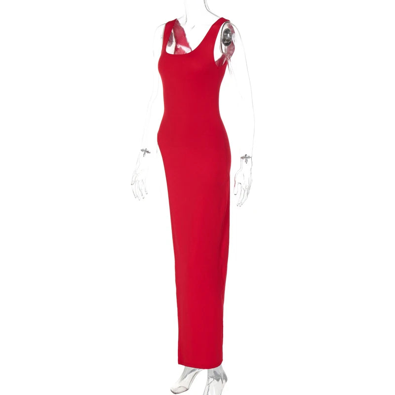 Sexy Sleeveless Side High Split Midi Dress Backless Women's Summer Party Club Streetwear Y2K Style Solid Color