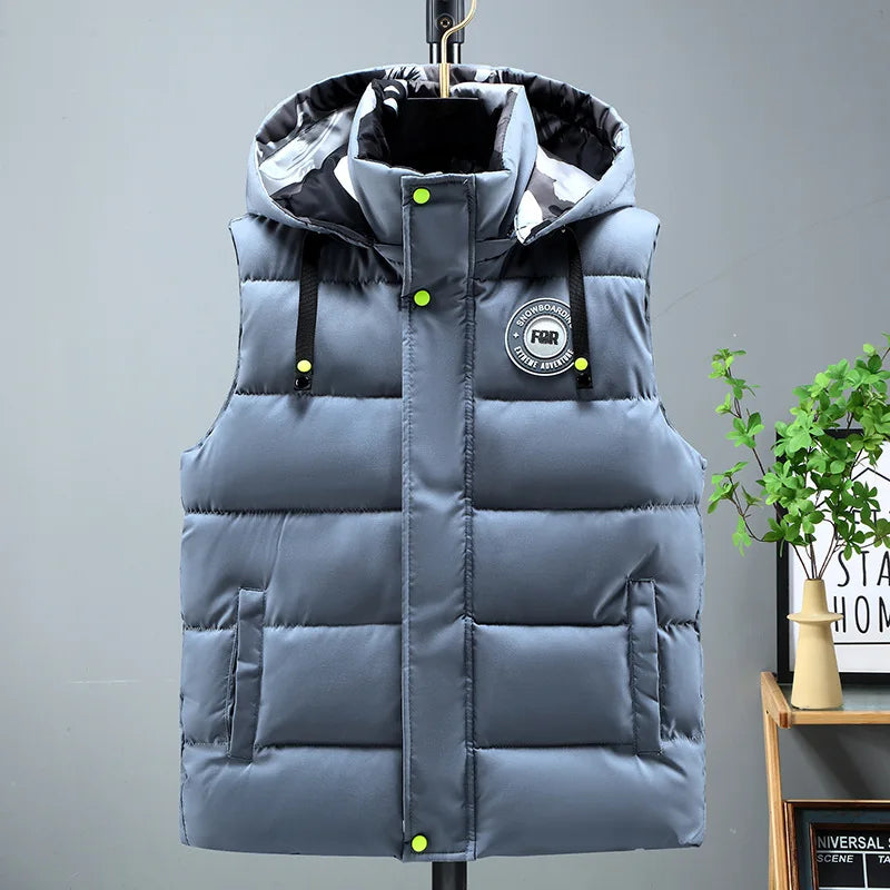 Black Men Cotton Padded Vest Fashion Detachable Hooded Sleeveless Jackets Winter Warm Men's Clothes Male Thick Coat Big Size 5XL