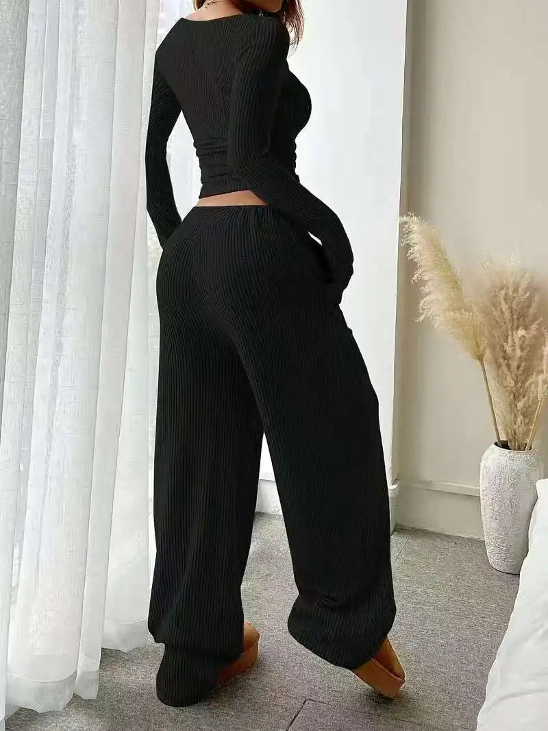 Off Shoulder Ribbed Two Piece Outfit Women Long Sleeve Crop Top Wide Leg Pants Set