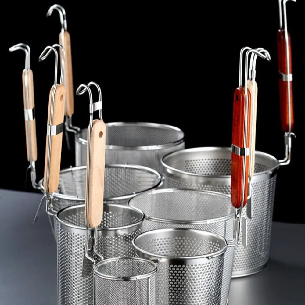 Durable Thickened Stainless Steel Funnel Kitchen Gadgets Wooden Handle Pasta Basket Strainer Multifunctional Noodle Funnel