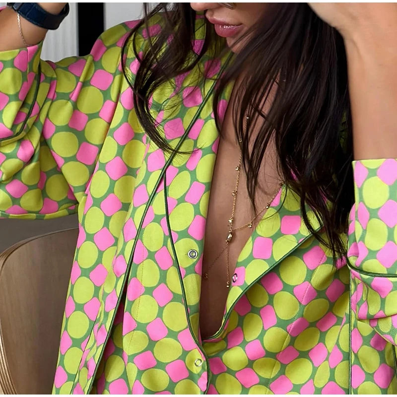 Vacation Geometric Printed Loose Pants Sets Women Lapel Full Sleeve Pocket Shirts Wide Leg Pant Suits 2026 Summer Street Outfit