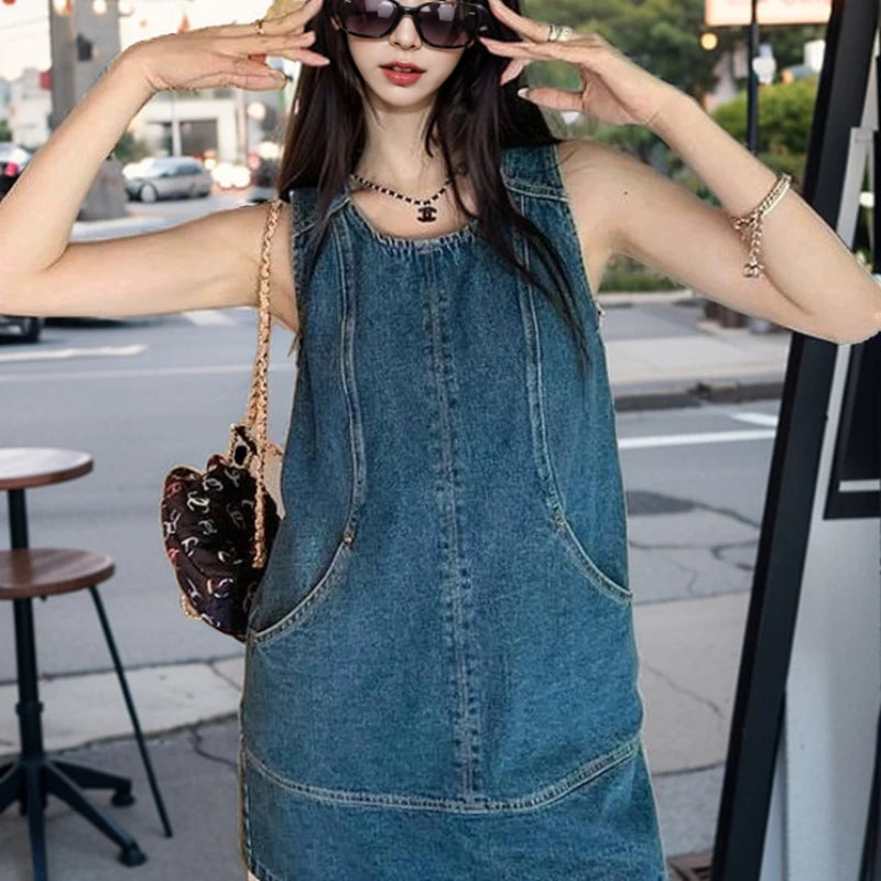 Retro Vest Denim Dress 2025 Summer Fashion Temperament Stitching A Word Street Style Women's Short Skirt