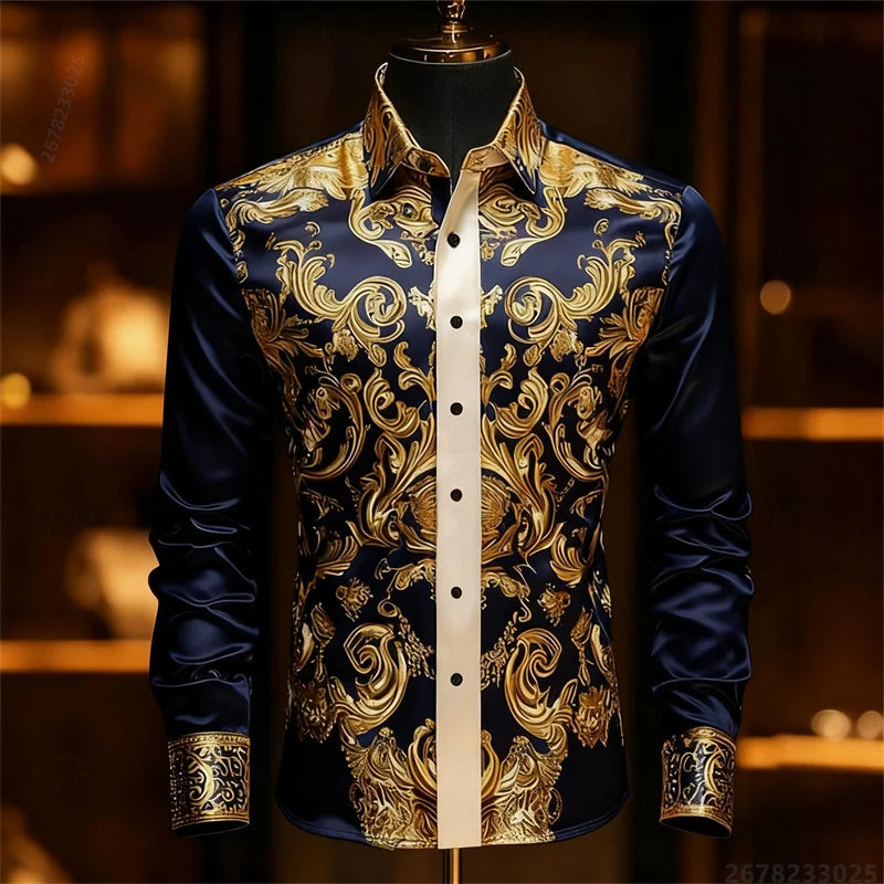 Luxury 3D Printed Long-Sleeve Men's Shirt, Baroque Gold Pattern Slim Fit Dress Shirt, Business Banquet Men's Shirt, Sizes XS-6XL