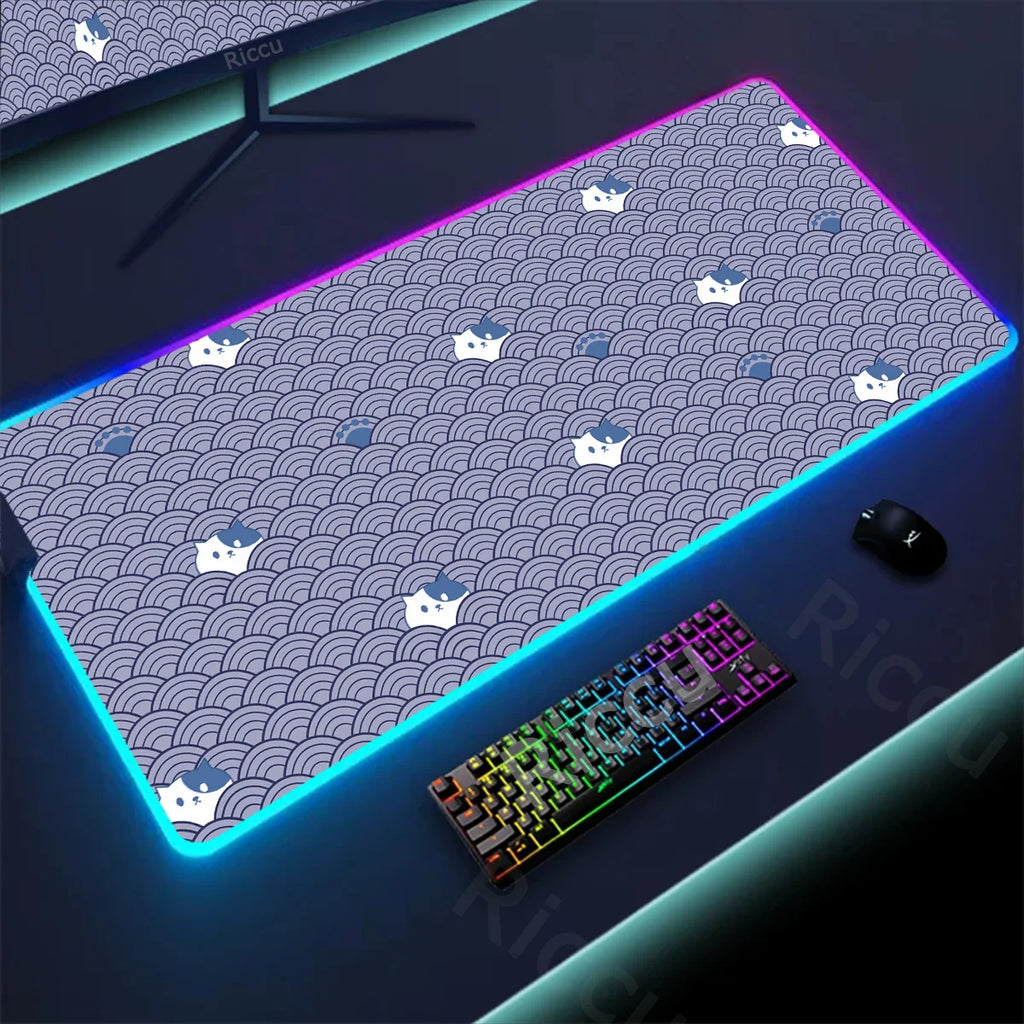 RGB Mousepad Pink Cloud Cat Cartoon Deskmat LED Backlight Gaming Keyboard Rug Computer Office Accessories Kawaii Anime Mouse Pad