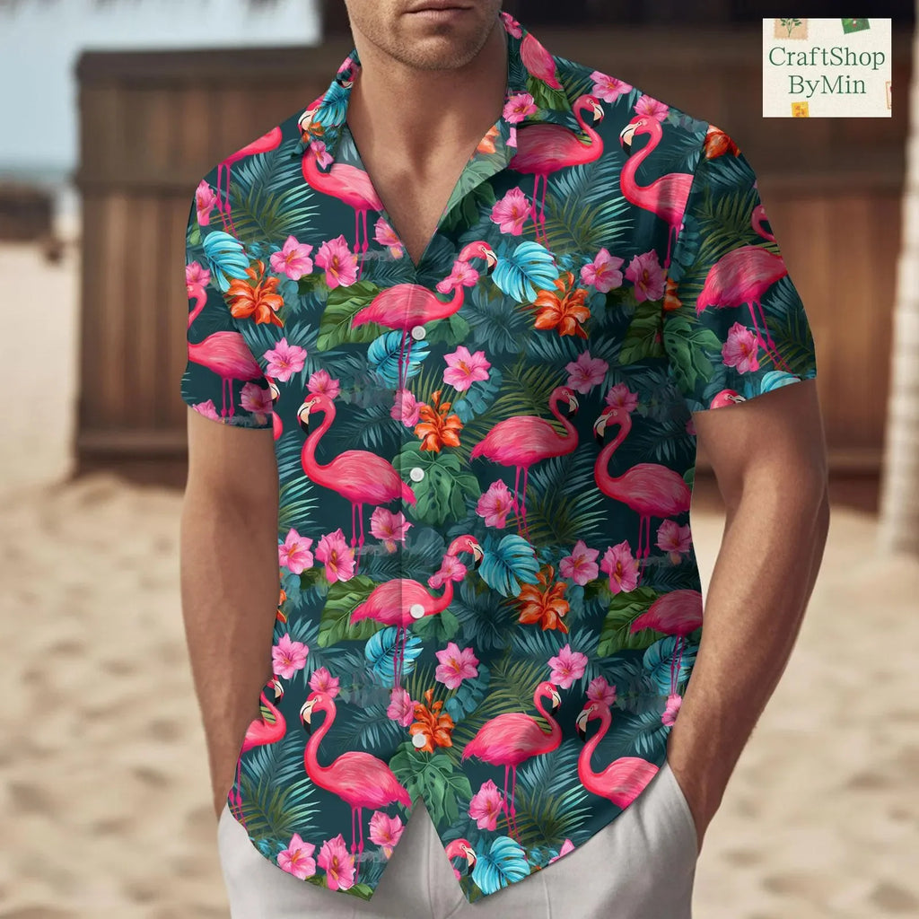 2025 Summer Popular Flamingo Skull  Print Hawaiian Shirts Men Women Comfortable Soft Short Sleeve Shirt Street Daily Trendy Tops