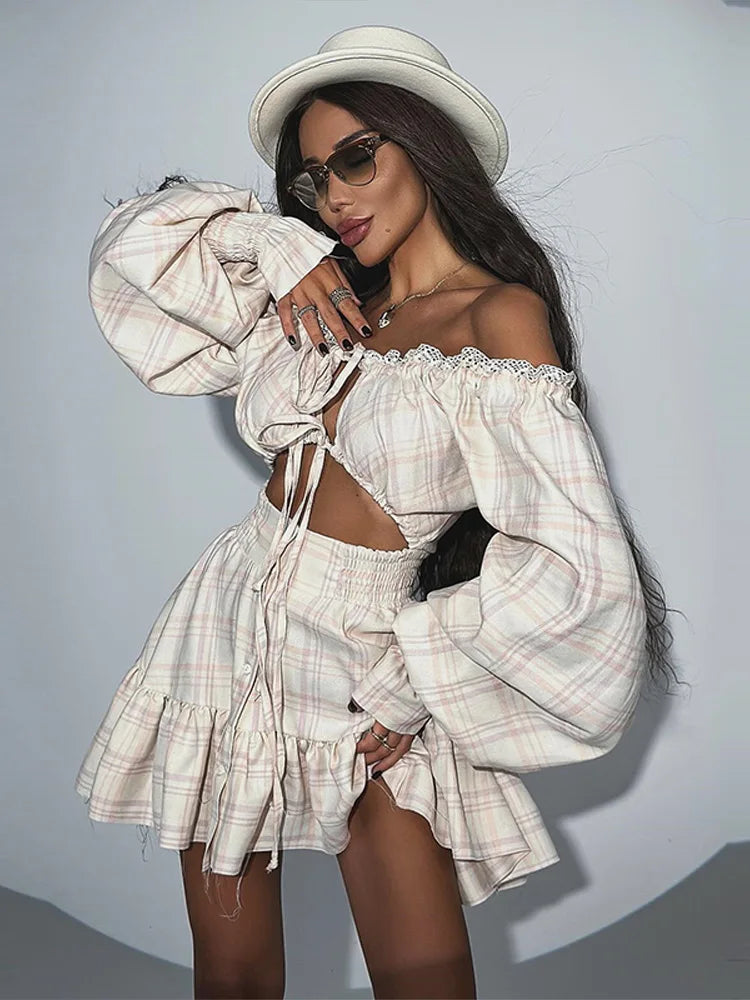 Slash Neck Lace Up Hollow Out Mini Print Dress Women Sexy Lantern Full Sleeve Backless Evening Dresses Hot Girl Summer Partywear