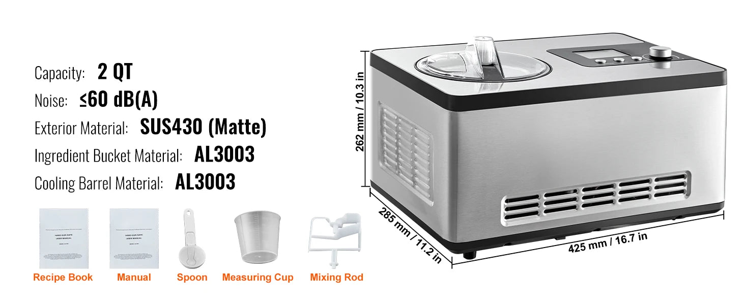 SucceBuy Automatic Ice Cream Maker with Built-in Compressor 2 Quart No Pre-freezing Fruit Yogurt Machine Electric Sorbet Maker