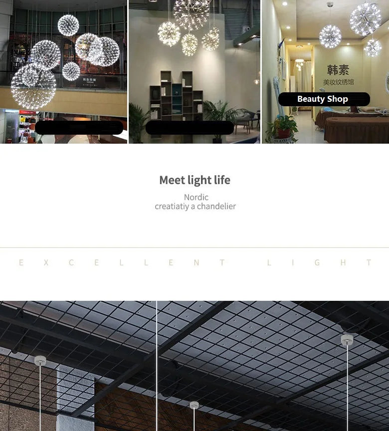 Stainless Steel Led Chandelier Light Shop Spark Ball Full Sky Star Milk Tea Restaurant Exclusive Network Bar Art Decoration Lamp