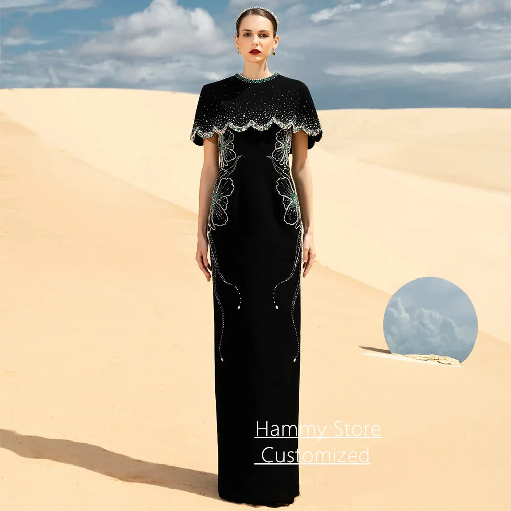 Luxury Evening Dress Customized Round Neck Sleeveless Beading Stone Engagement Dresses Wedding Party Gown with Cape