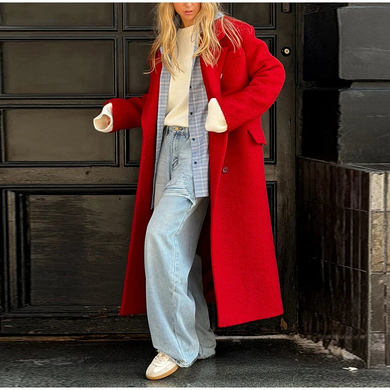 Women's Long Overcoats Lapel Full Sleeve Oversized Woolen Coats Autumn Female Double Breasted Solid Loose Jackets New Outerwears