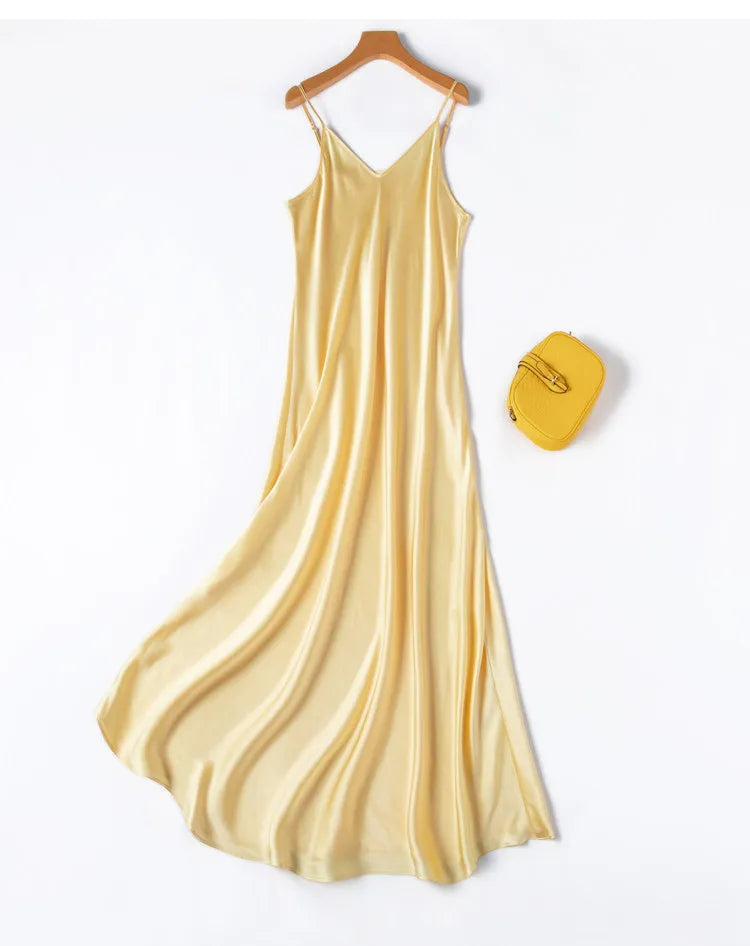 Tcyeek Woman Long Dress, 100%Real Silk, V Neck, Solid Spaghetti Strap Dresses, 2025 Elegant Chic Clothes