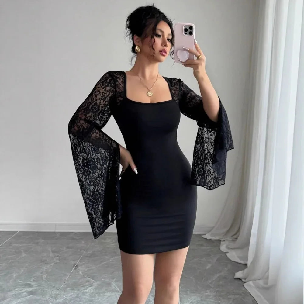 2026 Autumn New Flare Sleeve Split Lace Patchwork Square Neck Bodycon Dress Women