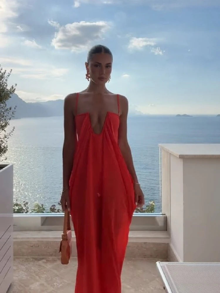 Vibrant Holiday Flowy Maxi Dress Deep U Chic Bohemian Chiffon Loose Fit Women Dresses Beach Vacation Summer Party Outfit