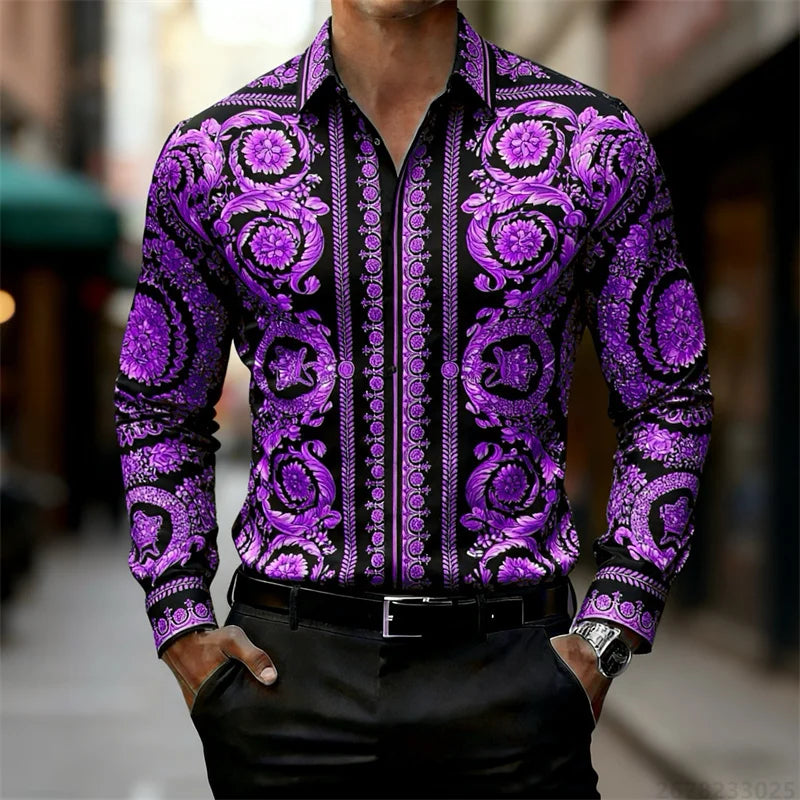 Men's Shirt Luxury Baroque Style Gold Pattern Long Sleeve Shirt Fashion Slim Palace HD Print Shirt AliExpress Hot Sale XS-6XL