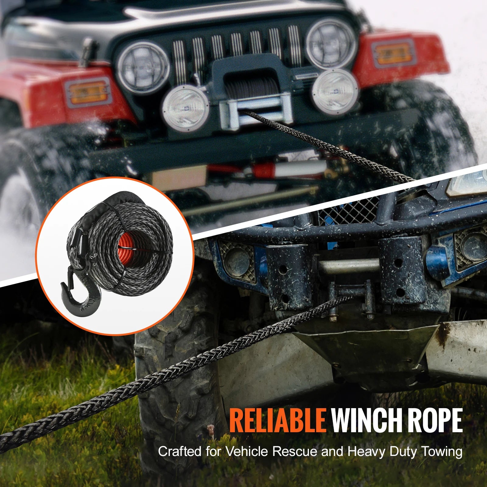 SucceBuy 26500/32000Lbs Synthetic Winch Rope Truck Boat Replacement Line Cable Rope with Forged Hook ATV Car Outdoor Accessories