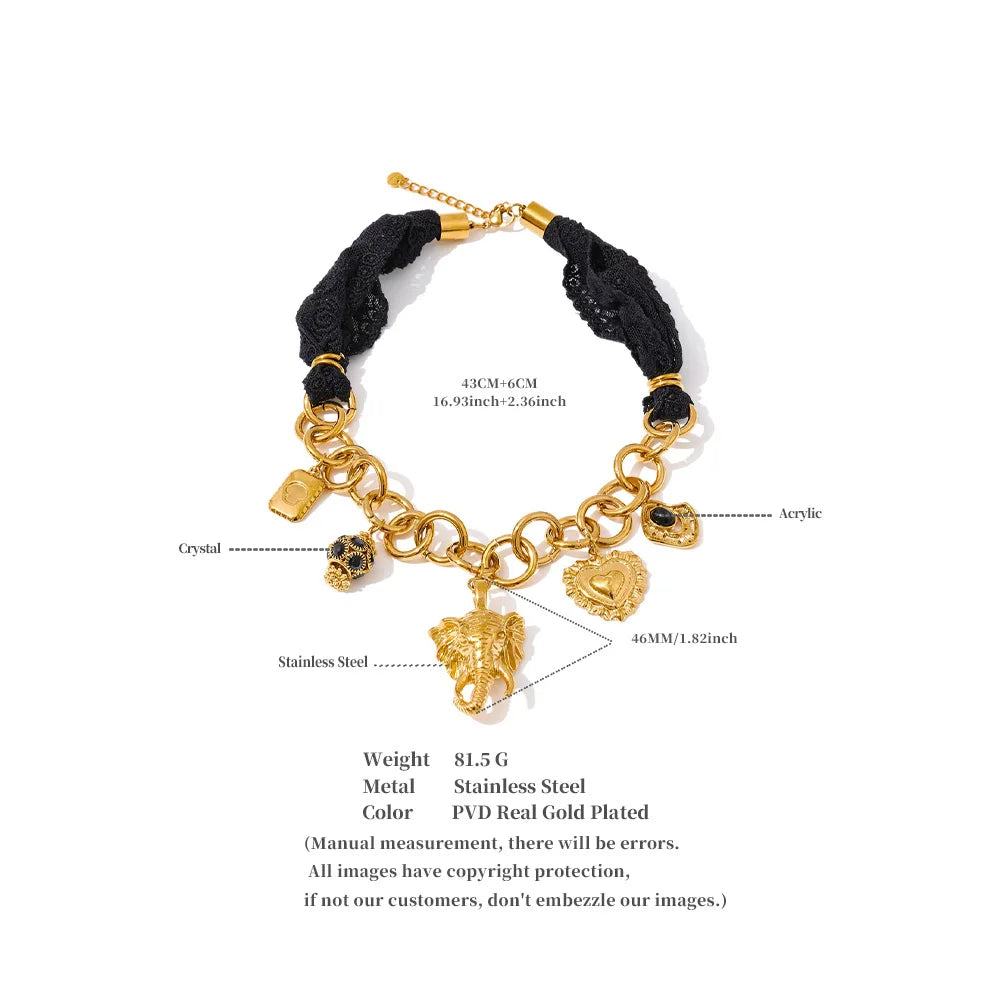 Yhpup 2025 Black Lace Chain Heart Elephant Pendant Statement Necklace 18K Golden Plated Stainless Steel Charms Handmade Jewelry