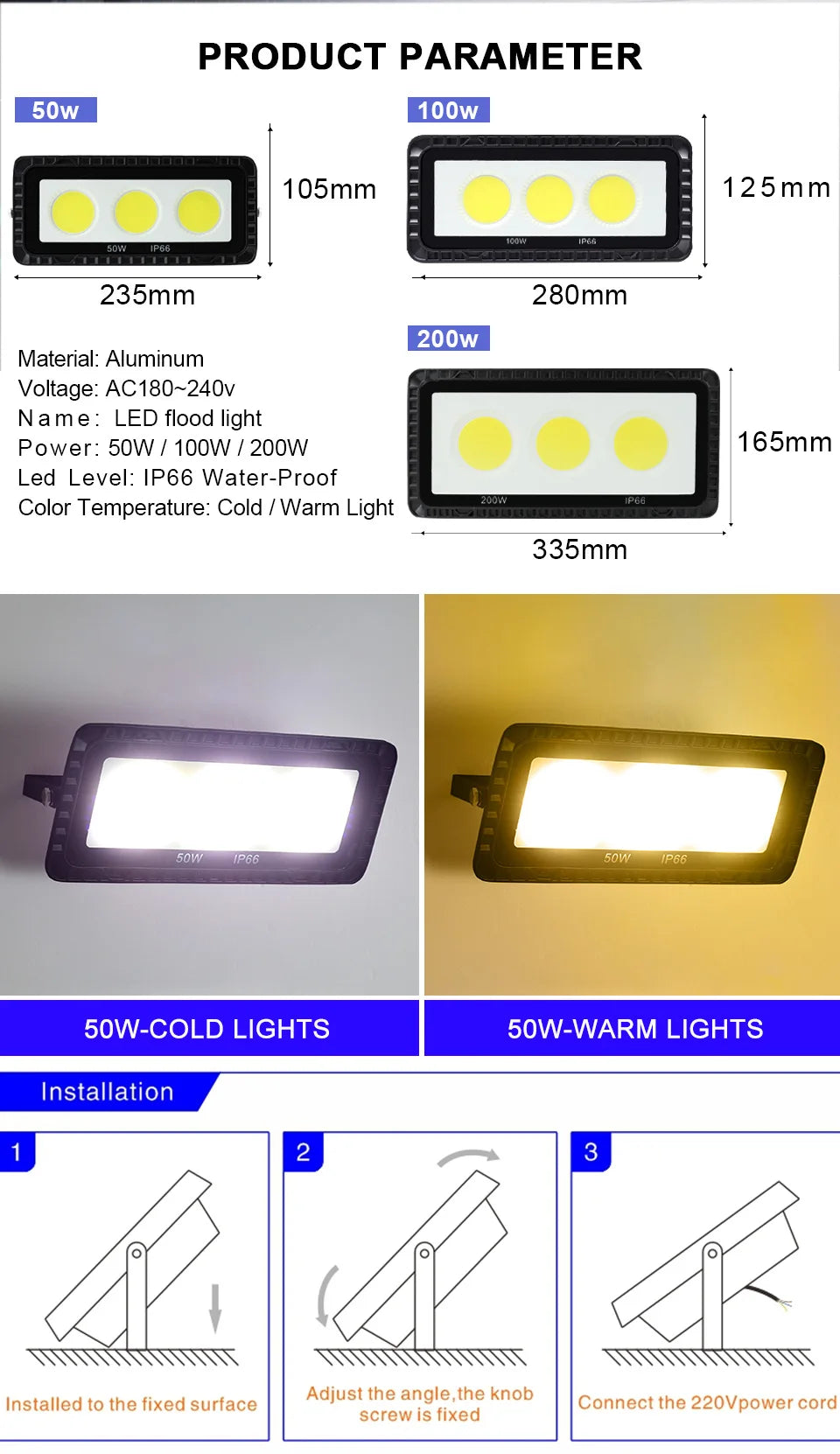 LED Flood Light 100W 200W IP66 Waterproof Outdoor Lighting Garden Street Lighting COB Floodlight Spotlight Wall LED Floodlight