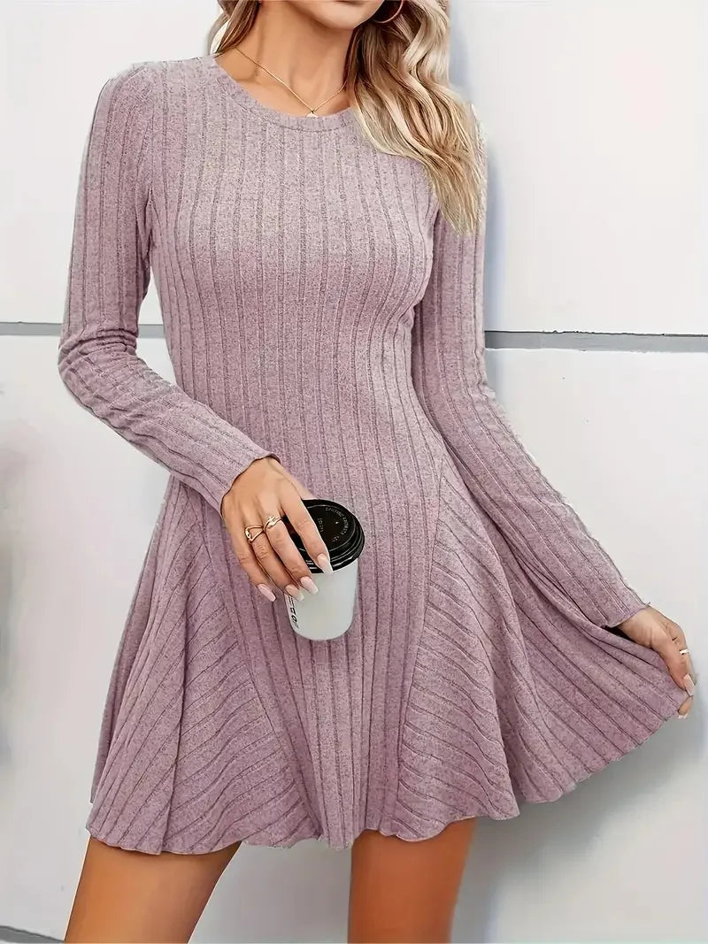 Women's V-Neck Knit Dress - Long Sleeve Swing Mini Dress, Elegant Bodycon Short Dress