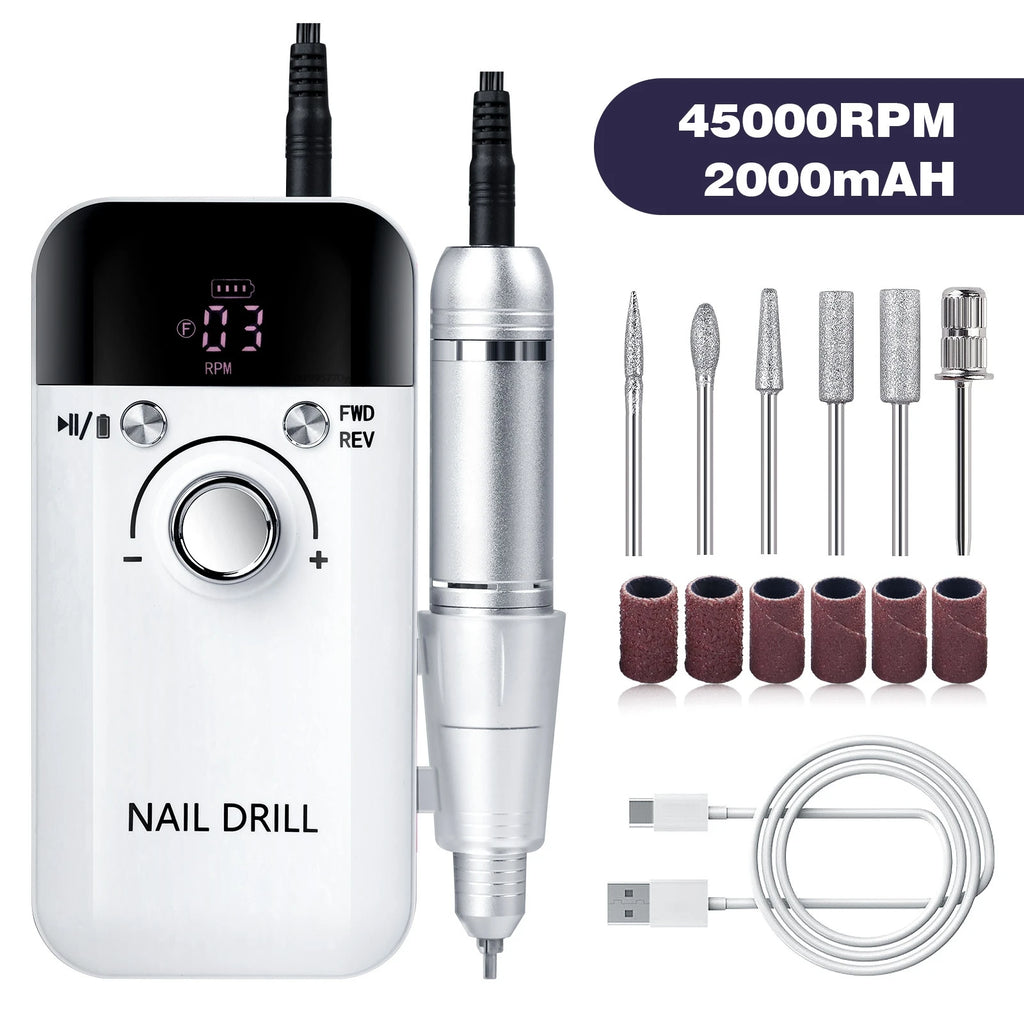 Professional Nail Drill Machine Set 45000RPM Rechargeable Portable Electric Nail File for Manicure Acrylic Gel Nails Salon Tools