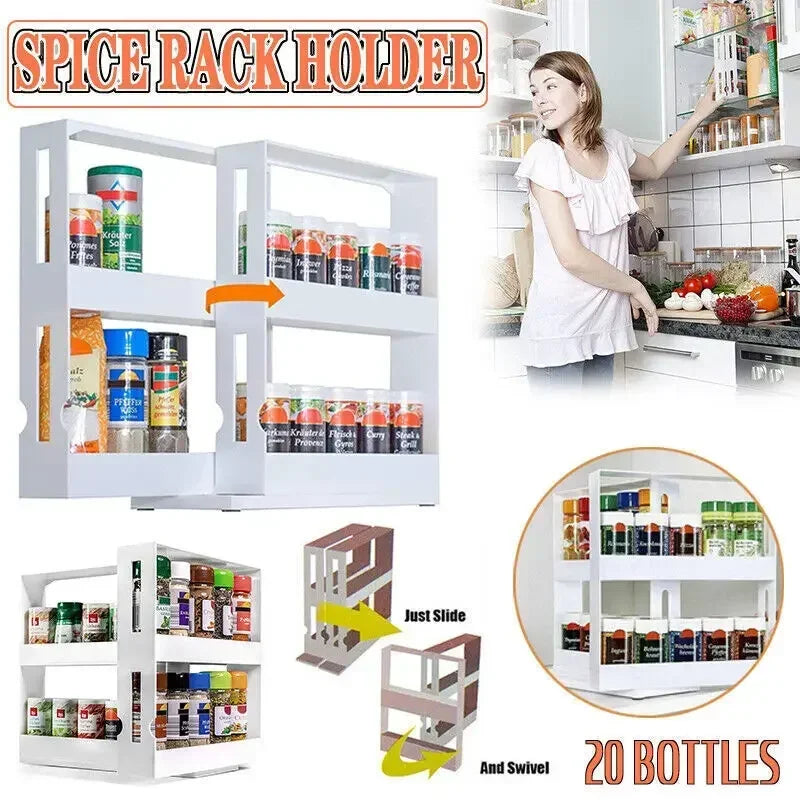 2-Tier Rotating Spice Organizer Rack - Slide Out Storage Shelf for Kitchen Cabinet, Cupboard and Countertop Multi-Function Use