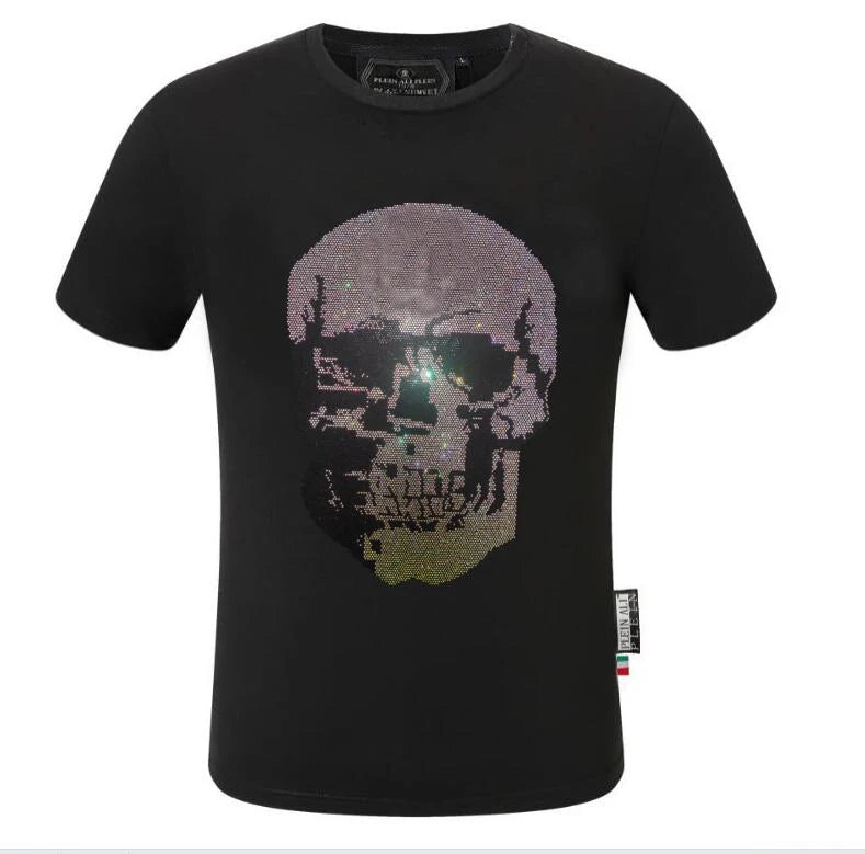 2025 Summer New Luxury Men's Fashion Skull Design Rhinestones T-Shirt Pure Cotton Crew-Neck Casual High Quality