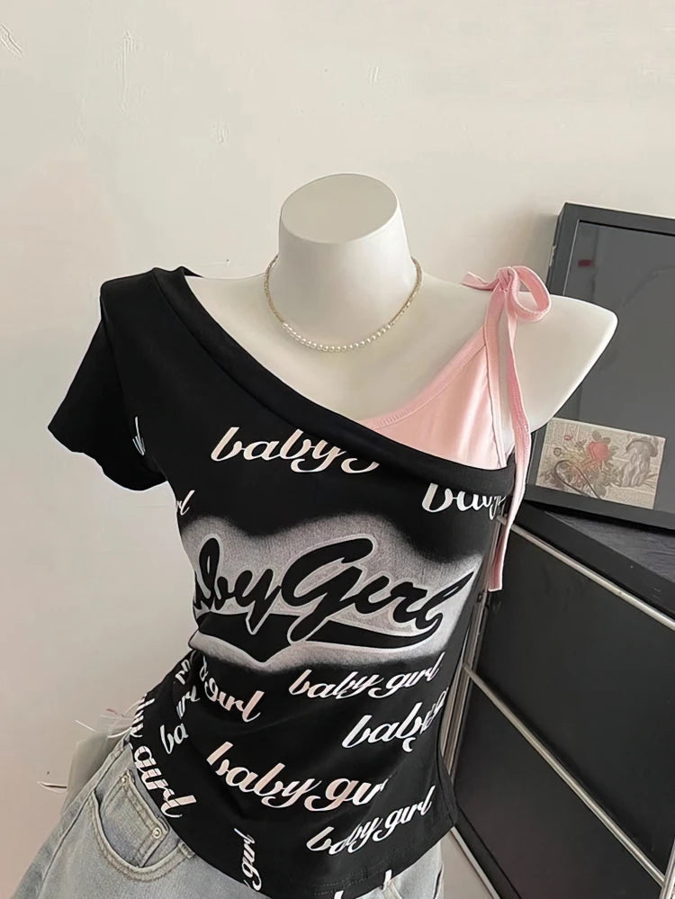 Y2k Black Pink Fake Two-piece Off Shoulder Short sleeve T Shirt Women Sexy Summer Top Lady Bachelorette Party Crop Shirt Korea