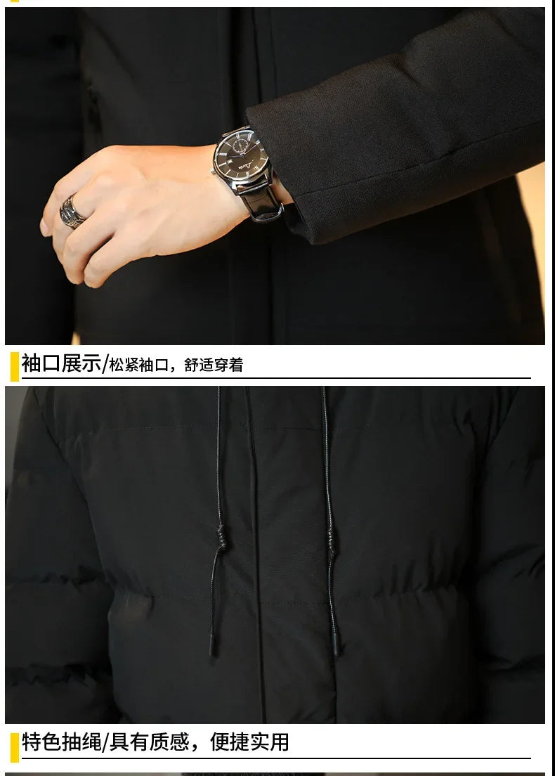 2023 Warm Hooded Mid-length Jacket Mens Casual Zip Up Cotton Padded Jacket Overcoat Autumn Winter Windbreaker Coats Men Clothing