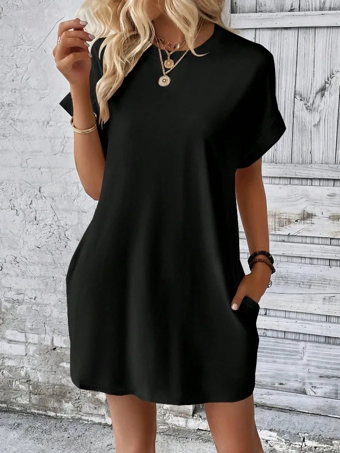 New women's spring and summer fashionable temperament casual commuting solid color round neck loose short sleeved pocket dress