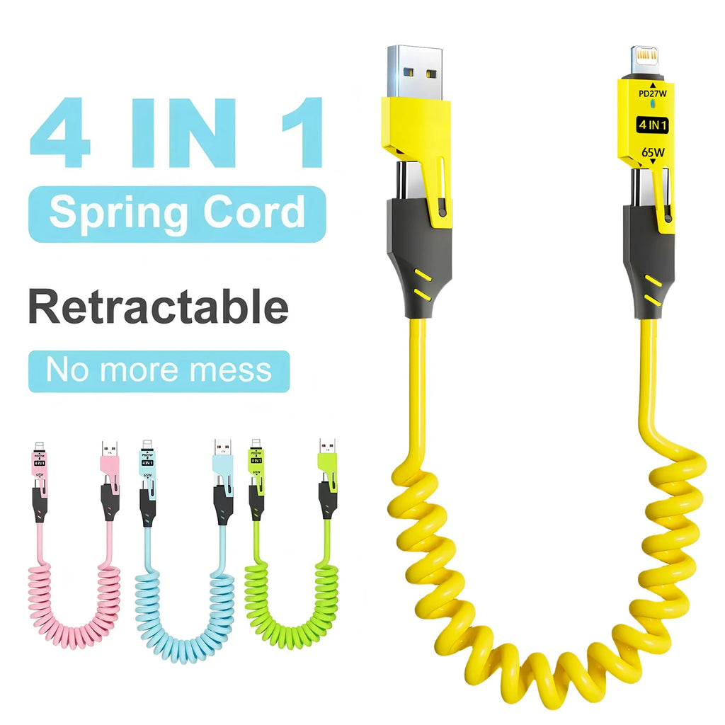 1/2PCS 4-in-1 Spring Data Cable & 65W Quick Charger: 6A USB Type-C Telescopic Wire Compatible with iPhone/iPad/MacBook/Huawei